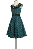 Lace Neckline Retro Pocket Print Dress