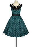 Lace Neckline Retro Pocket Print Dress