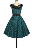 Lace Neckline Retro Pocket Print Dress