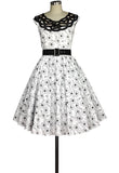 Lace Neckline Retro Pocket Print Dress