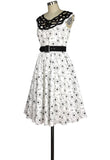 Lace Neckline Retro Pocket Print Dress